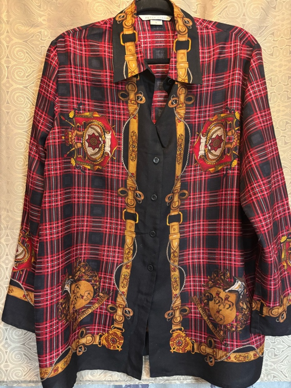 Peter Nygard woman’s Red Plaid Button-Up Shirt with Gold Baroque Trim. Size 14.